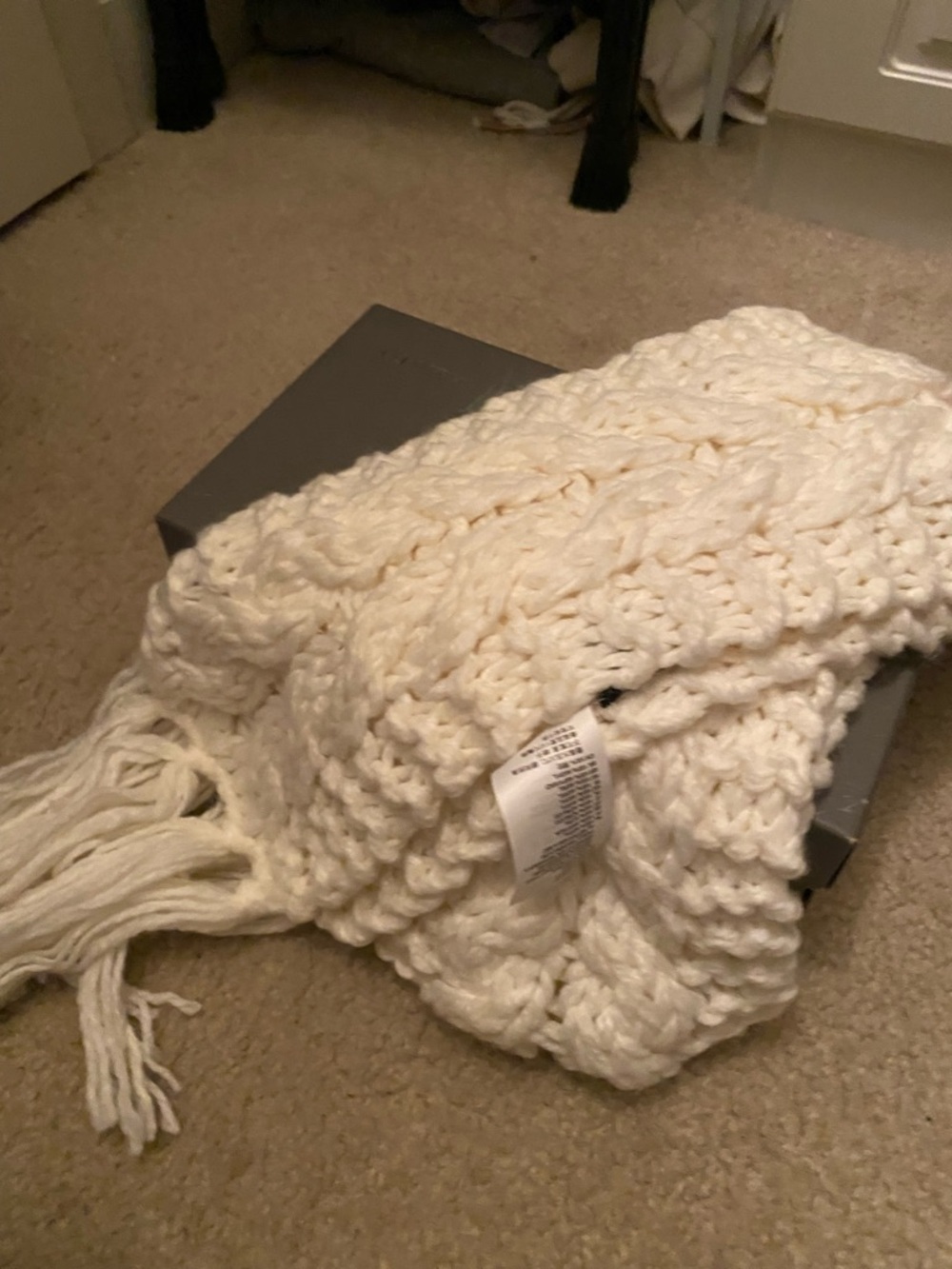 Chunky Knit Ivory Scarf with Fringe